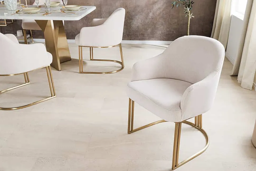Armlehnen Stuhl EXTRAVAGANCIA beige Cord Metall brushed champagner gold