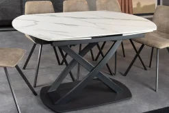 Ausziehbarer Esstisch INCEPTION 130-190cm weiß Marmor Keramik schwarzes Metallgestell
