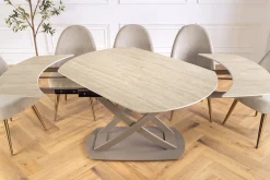 Ausziehbarer Esstisch INCEPTION 130-190cm oval Travertin Keramik champagner greige