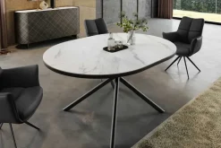 Ausziehbarer Esstisch MIKADO 120-160cm weiß Keramik oval schwarz Sterngestell