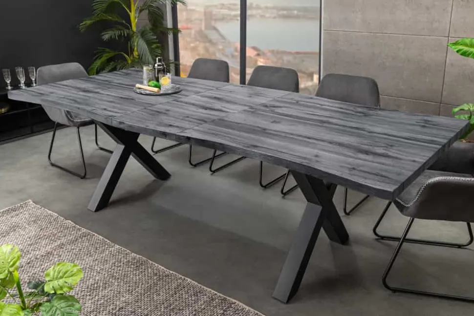 Ausziehbarer Esstisch WILD 180-220cm grau gekälkt Wildeichen-Design Baumkante schwarz