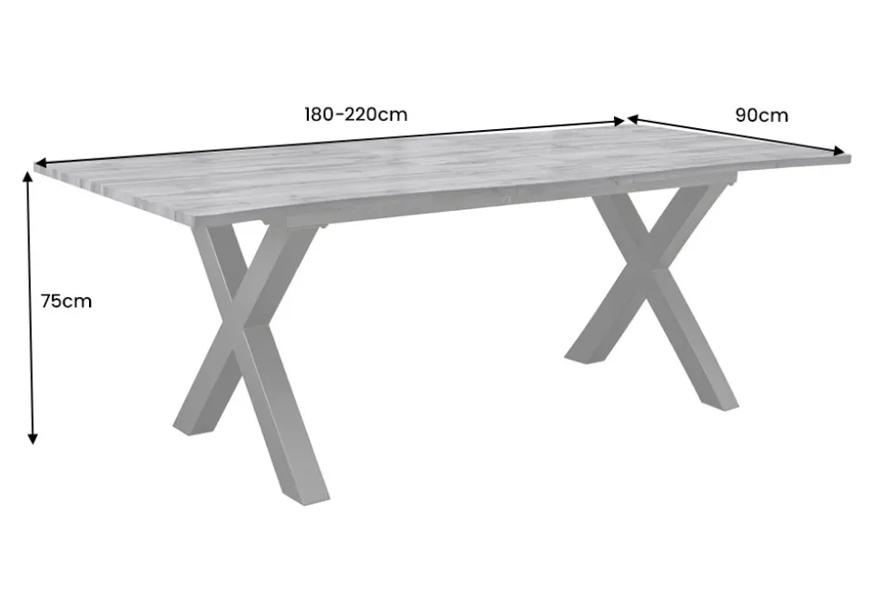 Ausziehbarer Esstisch WILD 180-220cm grau gekälkt Wildeichen-Design Baumkante schwarz