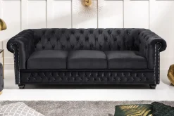 Barock Sofa CHESTERFIELD 205cm schwarz Samt Federkern Knopfheftung 3-Sitzer Couch