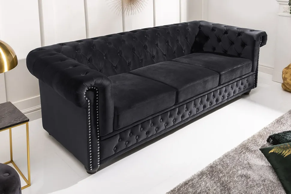 Barock Sofa CHESTERFIELD 205cm schwarz Samt Federkern Knopfheftung 3-Sitzer Couch