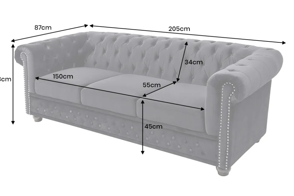 Barock Sofa CHESTERFIELD 205cm schwarz Samt Federkern Knopfheftung 3-Sitzer Couch
