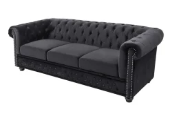 Barock Sofa CHESTERFIELD 205cm schwarz Samt Federkern Knopfheftung 3-Sitzer Couch