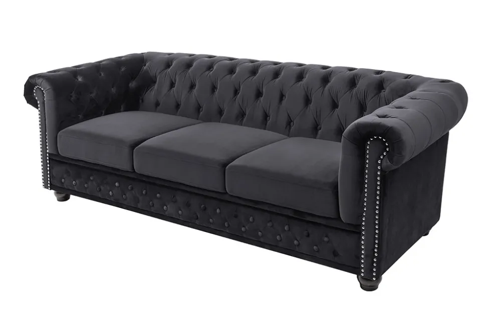 Barock Sofa CHESTERFIELD 205cm schwarz Samt Federkern Knopfheftung 3-Sitzer Couch