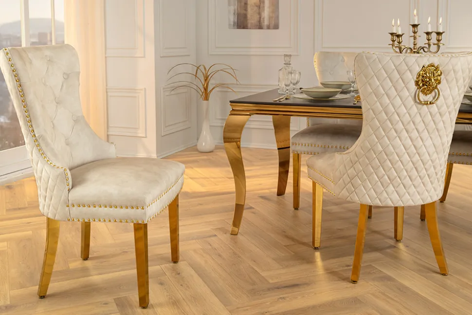 Barock Stuhl CASTLE DELUXE beige Samt gold Edelstahl mit Löwenkopf Ziernieten