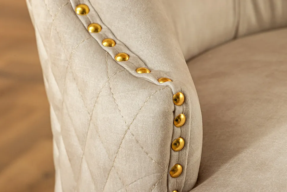 Barock Stuhl CASTLE DELUXE beige Samt gold Edelstahl mit Löwenkopf Ziernieten