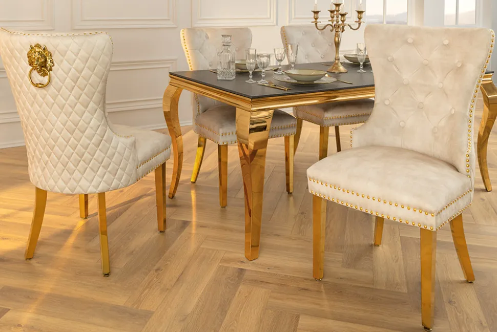 Barock Stuhl CASTLE DELUXE beige Samt gold Edelstahl mit Löwenkopf Ziernieten