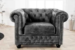 Barocker Sessel CHESTERFIELD grau Samt Federkern mit Knopfheftung