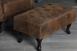 Chesterfield Fußhocker 80cm antik braun mit Knopfheftung und Nietenbesatz