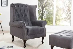 Chesterfield Ohrensessel antik grau Microfaser mit Knopfheftung