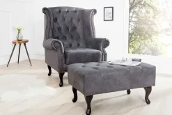 Chesterfield Ohrensessel antik grau Microfaser mit Knopfheftung