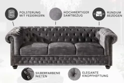 Chesterfield 3-Sitzer Sofa 205cm grau Samt Federkern Knopfheftung