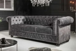 Chesterfield 3-Sitzer Sofa 205cm grau Samt Federkern Knopfheftung