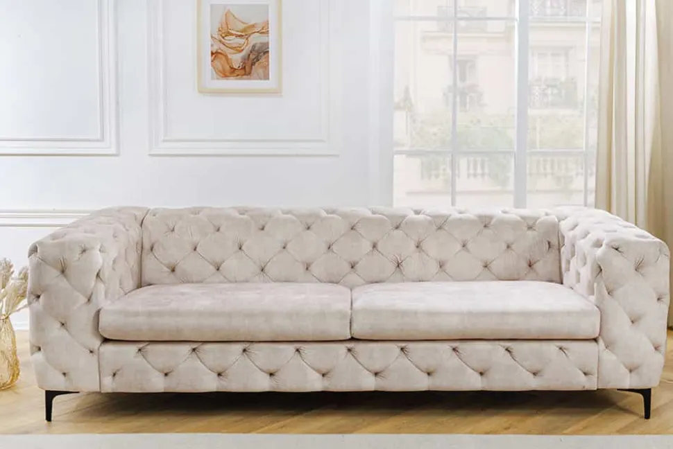 Chesterfield 3-Sitzer Sofa MODERN BAROCK 235cm champagner beige Samt Federkern