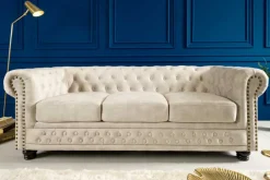 Chesterfield 3-Sitzer Sofa 200cm champagner beige Samt Federkern Knopfheftung