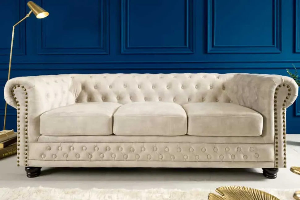 Chesterfield 3-Sitzer Sofa 200cm champagner beige Samt Federkern Knopfheftung