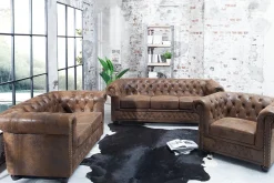 Chesterfield 3-Sitzer Sofa 205cm antik braun Microfaser Federkern Knopfheftung