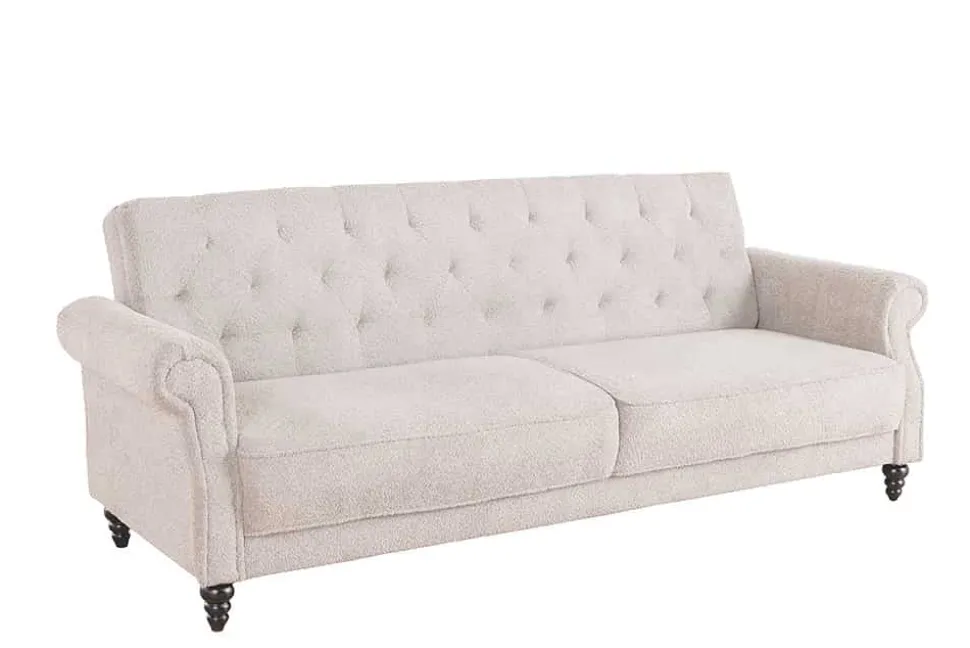 Chesterfield 3-Sitzer Sofa MAISON BELLE AFFAIRE 220cm greige Bouclé mit Schlaffunktion