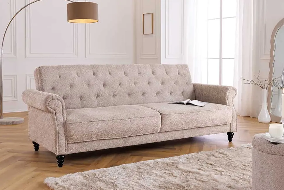 Chesterfield 3-Sitzer Sofa MAISON BELLE AFFAIRE 220cm greige Bouclé mit Schlaffunktion