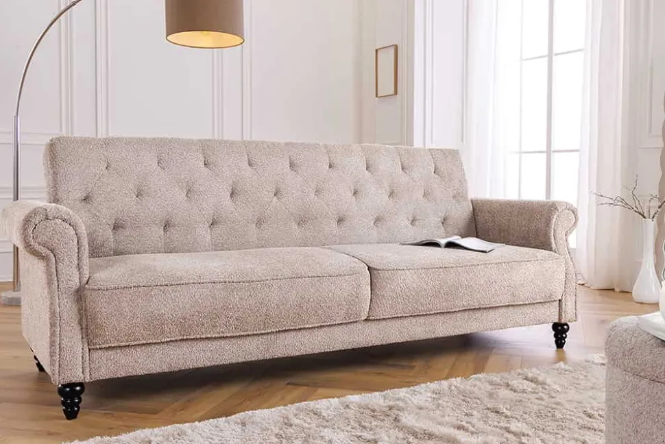Chesterfield 3-Sitzer Sofa MAISON BELLE AFFAIRE 220cm greige Bouclé mit Schlaffunktion