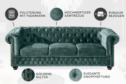 Chesterfield 3-Sitzer Sofa 205cm petrol Samt Federkern Goldnieten Knopfheftung