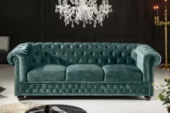 Chesterfield 3-Sitzer Sofa 205cm petrol Samt Federkern Goldnieten Knopfheftung