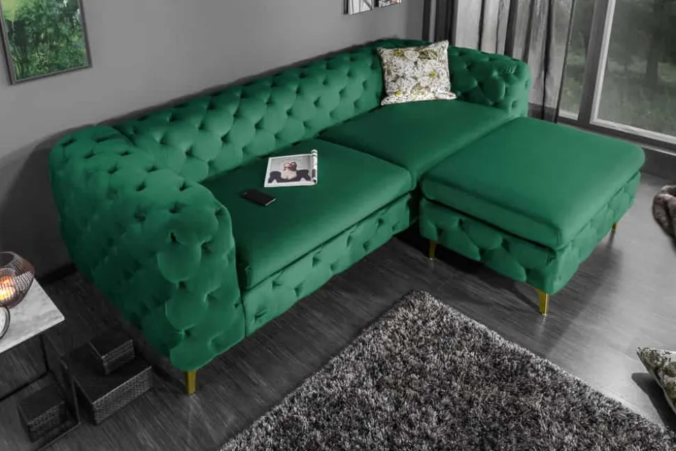 Chesterfield 3-Sitzer Sofa MODERN BAROCK 235cm smaragdgrün Samt Federkern gold Metallfüße