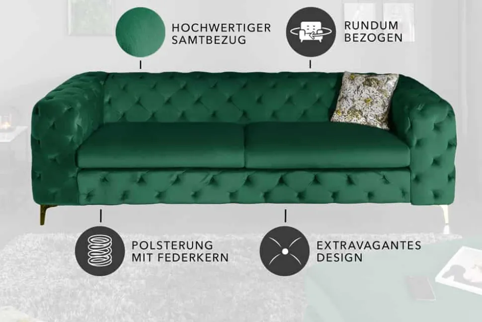 Chesterfield 3-Sitzer Sofa MODERN BAROCK 235cm smaragdgrün Samt Federkern gold Metallfüße