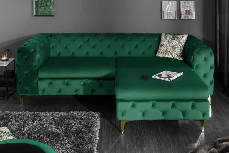 Chesterfield 3-Sitzer Sofa MODERN BAROCK 235cm smaragdgrün Samt Federkern gold Metallfüße