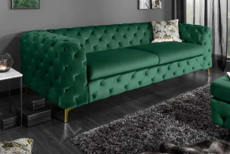 Chesterfield 3-Sitzer Sofa MODERN BAROCK 235cm smaragdgrün Samt Federkern gold Metallfüße