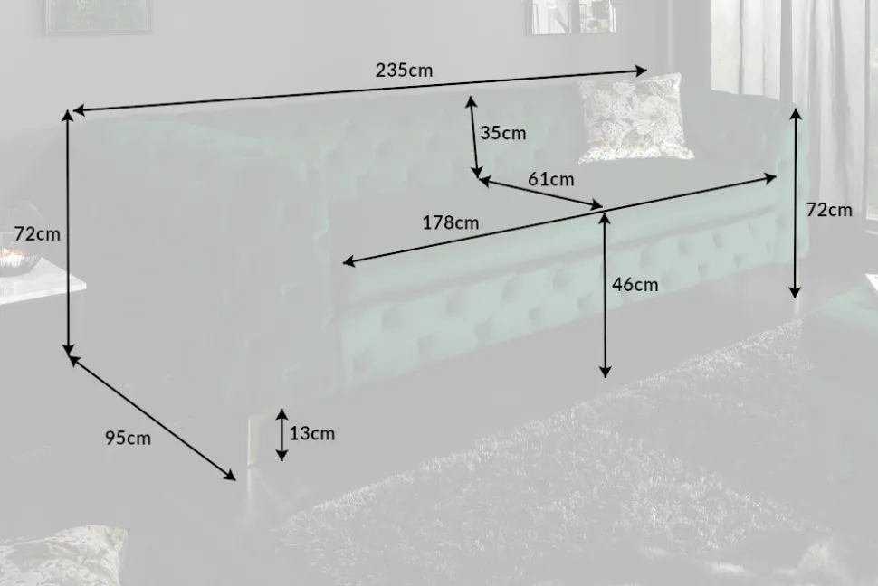 Chesterfield 3-Sitzer Sofa MODERN BAROCK 235cm smaragdgrün Samt Federkern gold Metallfüße
