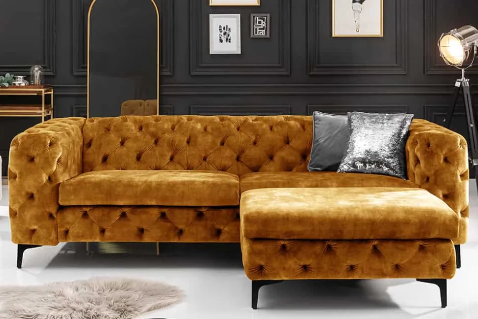 Chesterfield Sofa MODERN BAROCK 235cm senfgelb Samt 3-Sitzer Couch Federkern