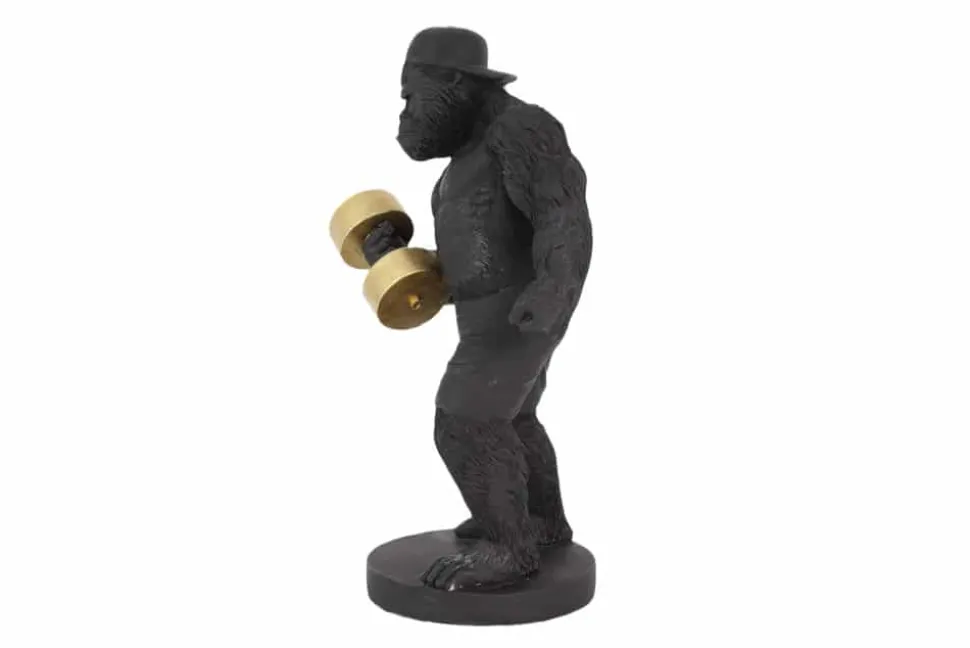 Deko-Figur KING APE 30cm schwarz gold Gorilla mit Hantel handmade
