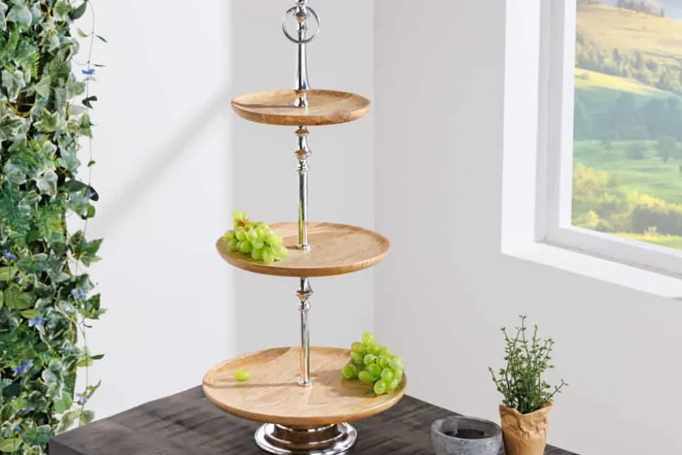 Dekorative Etagere PURE NATURE 68cm silber Mangoholz handmade drei Etagen