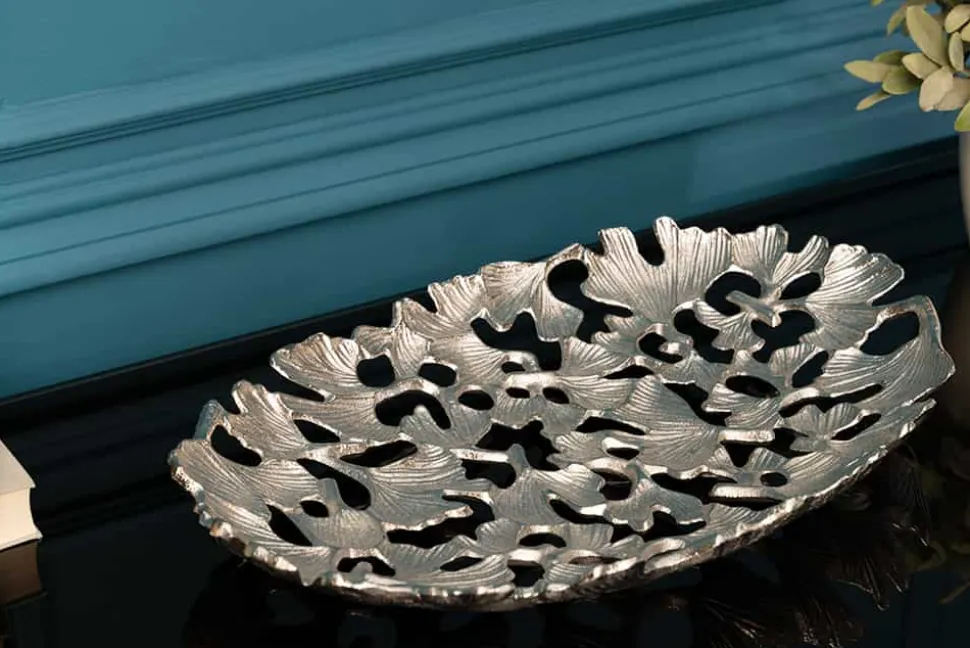 Dekorative Schale GINKGO LEAFS 40cm silber handmade Metall