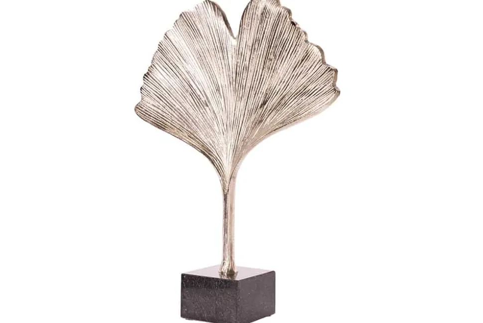 Dekorative Skulptur GINKGO LEAF 45cm silber handmade Metall mit Marmorsockel