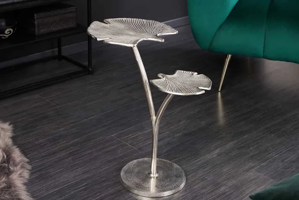 Dekorativer Beistelltisch GINKGO LEAFS 50cm silber handmade Metall