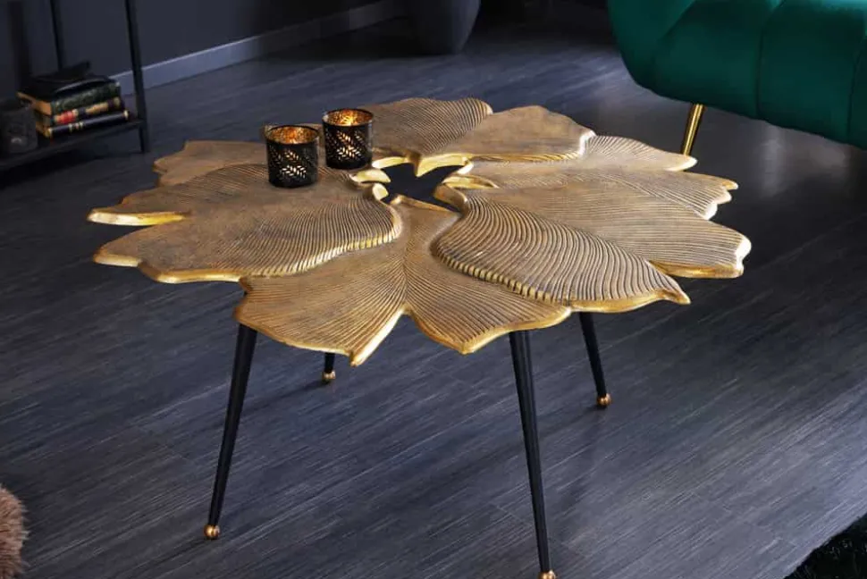 Dekorativer Couchtisch GINKGO 95cm gold schwarz handmade Metall