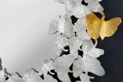 Dekorativer Wandspiegel GINKGO LEAFS XL 90cm gold silber rund aus Metall handmade