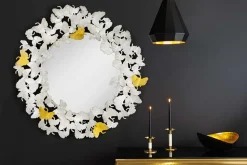 Dekorativer Wandspiegel GINKGO LEAFS XL 90cm gold silber rund aus Metall handmade