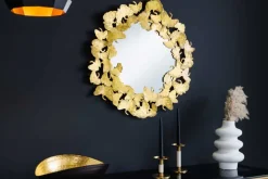 Dekorativer Wandspiegel GINKGO LEAFS L 70cm gold rund aus Metall handmade