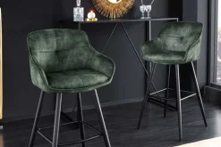 Design Barhocker EUPHORIA dunkelgrün Samt schwarze Metallbeine Barstuhl mit Lehne