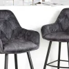 Design Barhocker MILANO grau Samt Barstuhl mit Lehne Metall schwarz Chesterfield-Steppung
