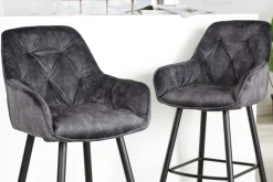 Design Barhocker MILANO grau Samt Barstuhl mit Lehne Metall schwarz Chesterfield-Steppung