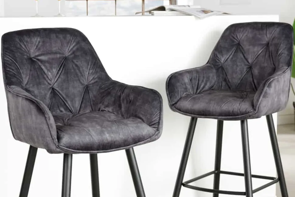 Design Barhocker MILANO grau Samt Barstuhl mit Lehne Metall schwarz Chesterfield-Steppung