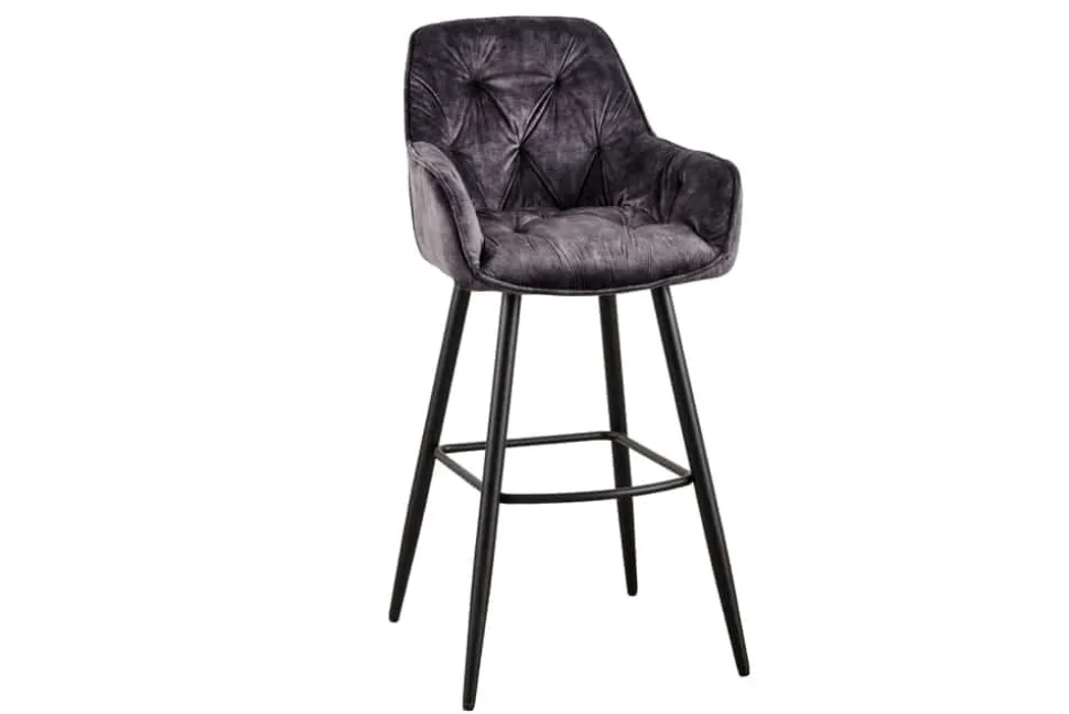 Design Barhocker MILANO grau Samt Barstuhl mit Lehne Metall schwarz Chesterfield-Steppung
