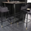 Design Barhocker PARIS grau Samt mit Lehne Metall schwarz gold Ziersteppung